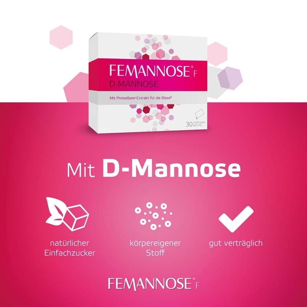 FEMANNOSE® F Packung. Text: Mit D-Mannose. Symbole: Natürlicher Zucker, körpereigener Stoff, gut verträglich.