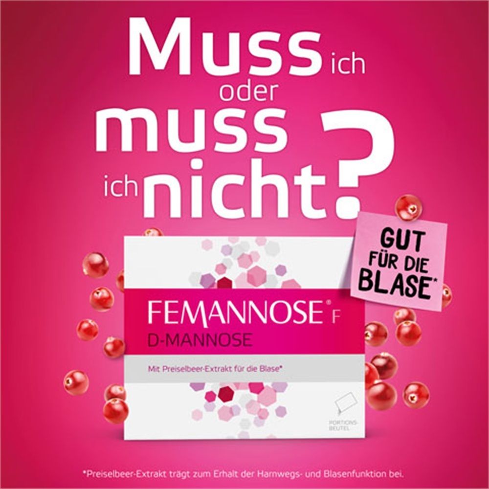 FEMANNOSE F D-Mannose Packung umgeben von Preiselbeeren, mit Aufkleber 'Gut für die Blase'.
