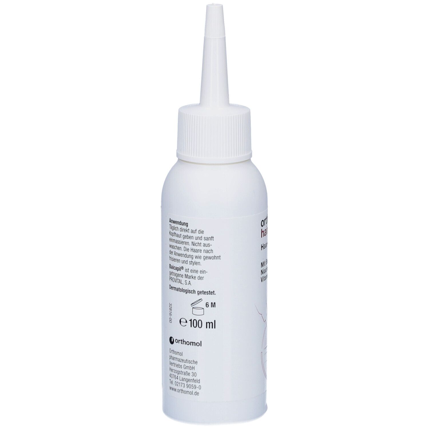 Weiße Flasche mit spitzem Applikator. Text auf der Flasche. Orthomol-Logo und 100 ml.