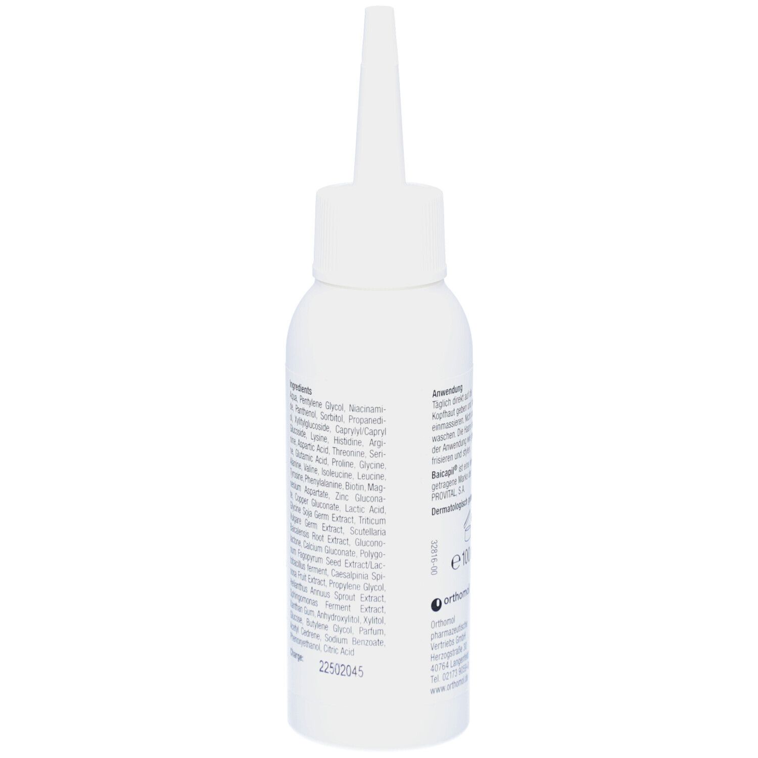 Weiße Flasche mit spitzem Applikator. Zutatenliste auf der Flasche. Orthomol-Logo.