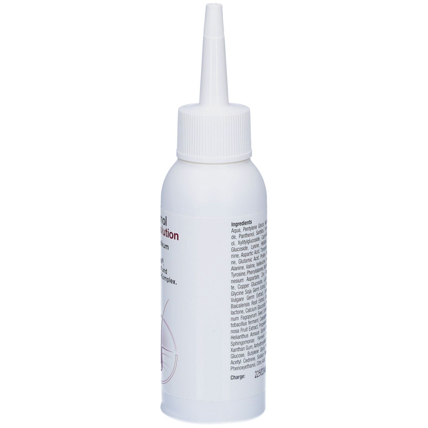 Weiße Flasche mit spitzem Applikator. Text und Inhaltsstoffe auf der Flasche. Orthomol-Logo.