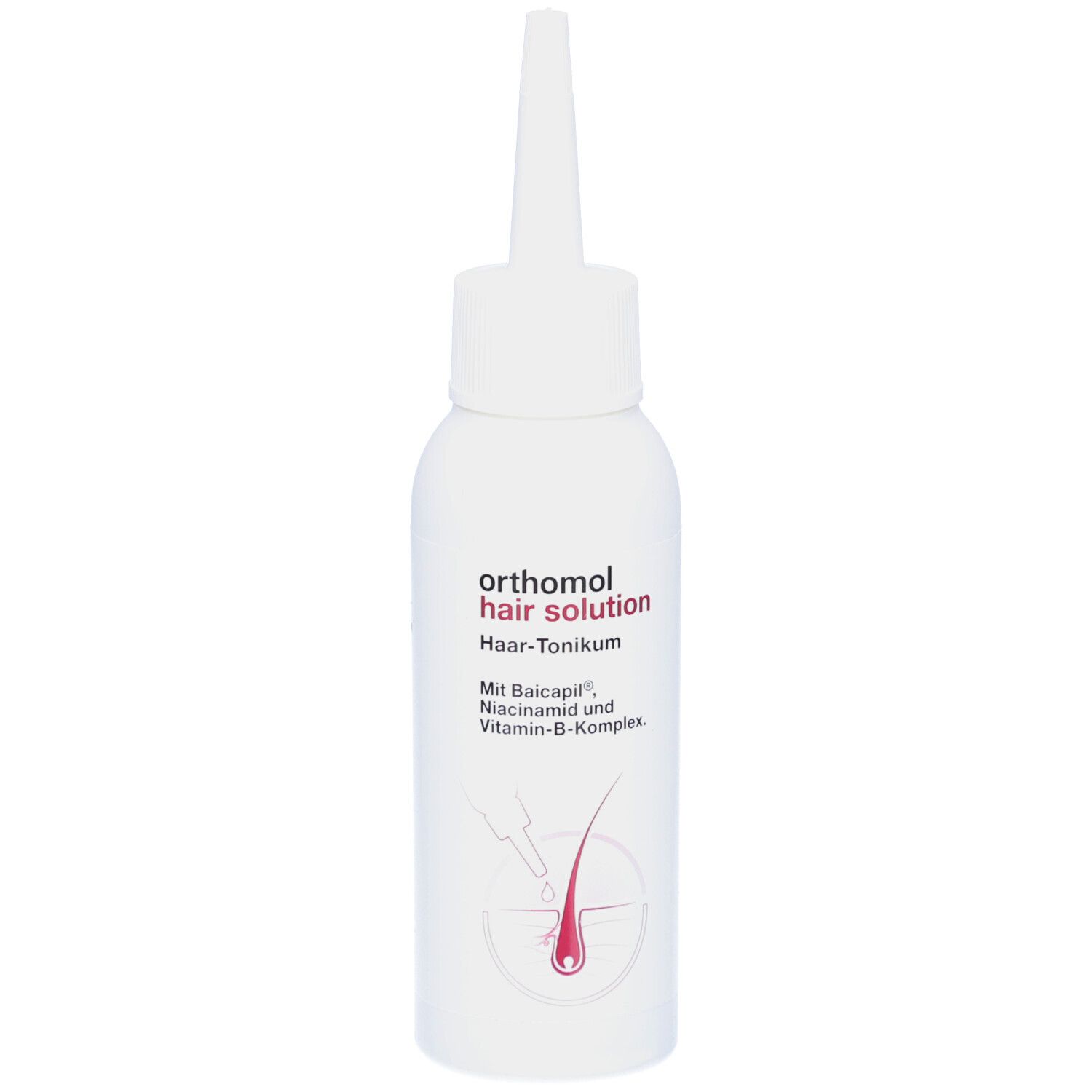 Weiße Flasche mit spitzem Applikator. Orthomol hair solution Haar-Tonikum. Mit Baicapil, Niacinamid und Vitamin-B-Komplex.