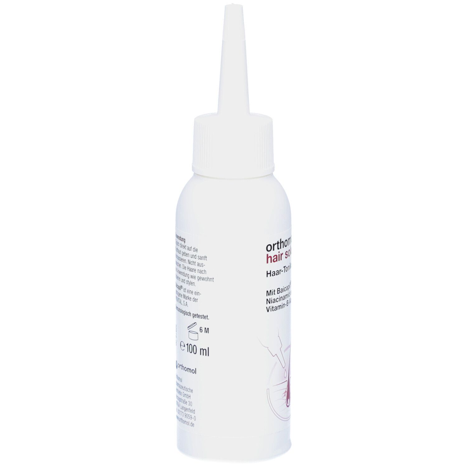 Weiße Flasche mit spitzem Applikator. Text und 100 ml. Orthomol hair solution Haar-Tonikum. 6M-Symbol.