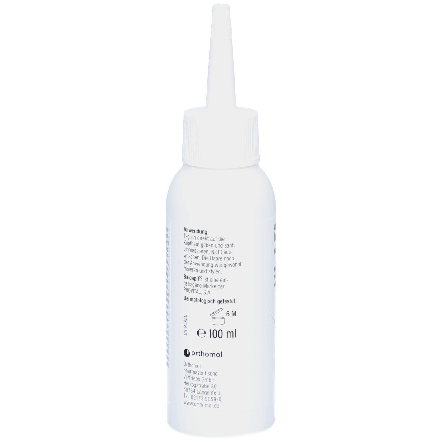 Weiße Flasche mit spitzem Applikator. Text und 100 ml. Orthomol hair solution Haar-Tonikum. 6M-Symbol.