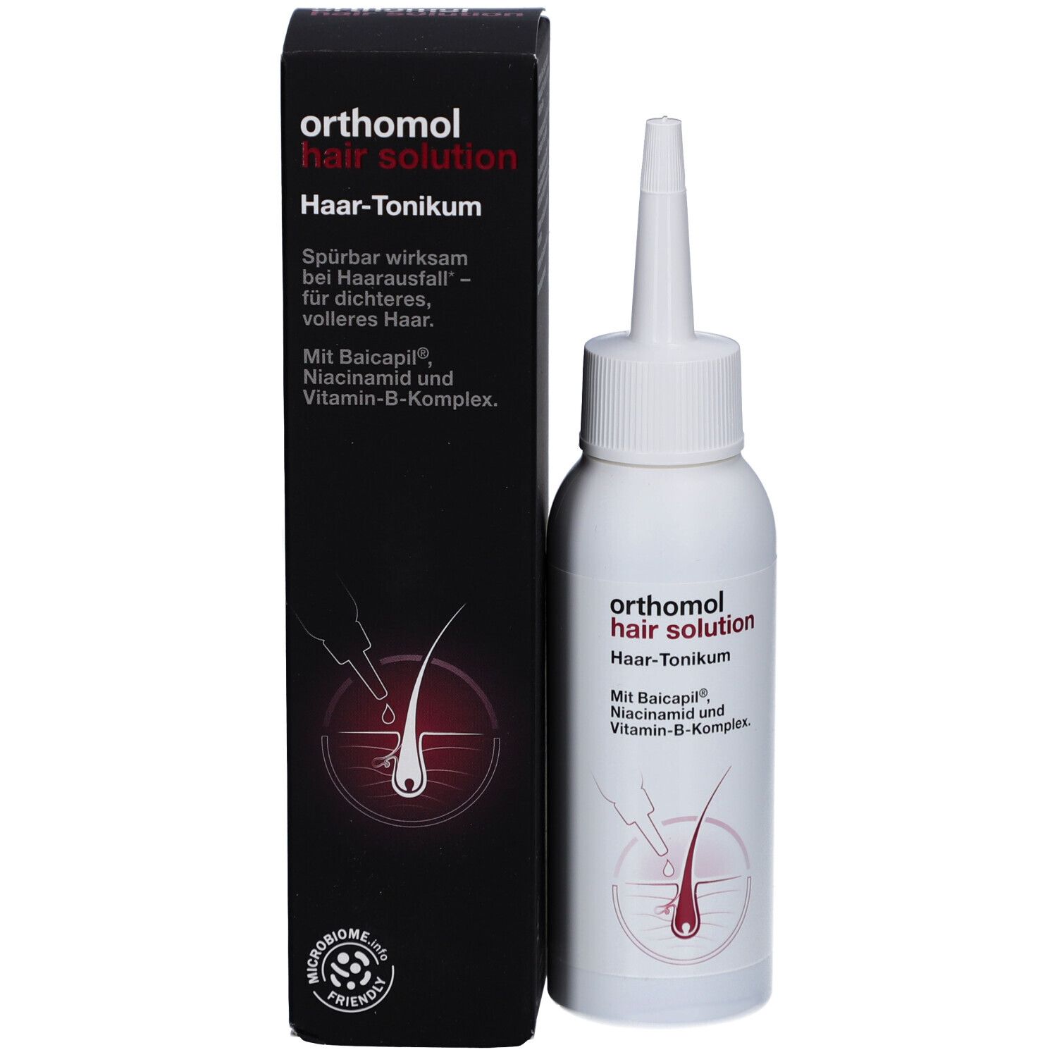 Produktflasche und Verpackung. Orthomol hair solution Haar-Tonikum. Schwarze Verpackung.