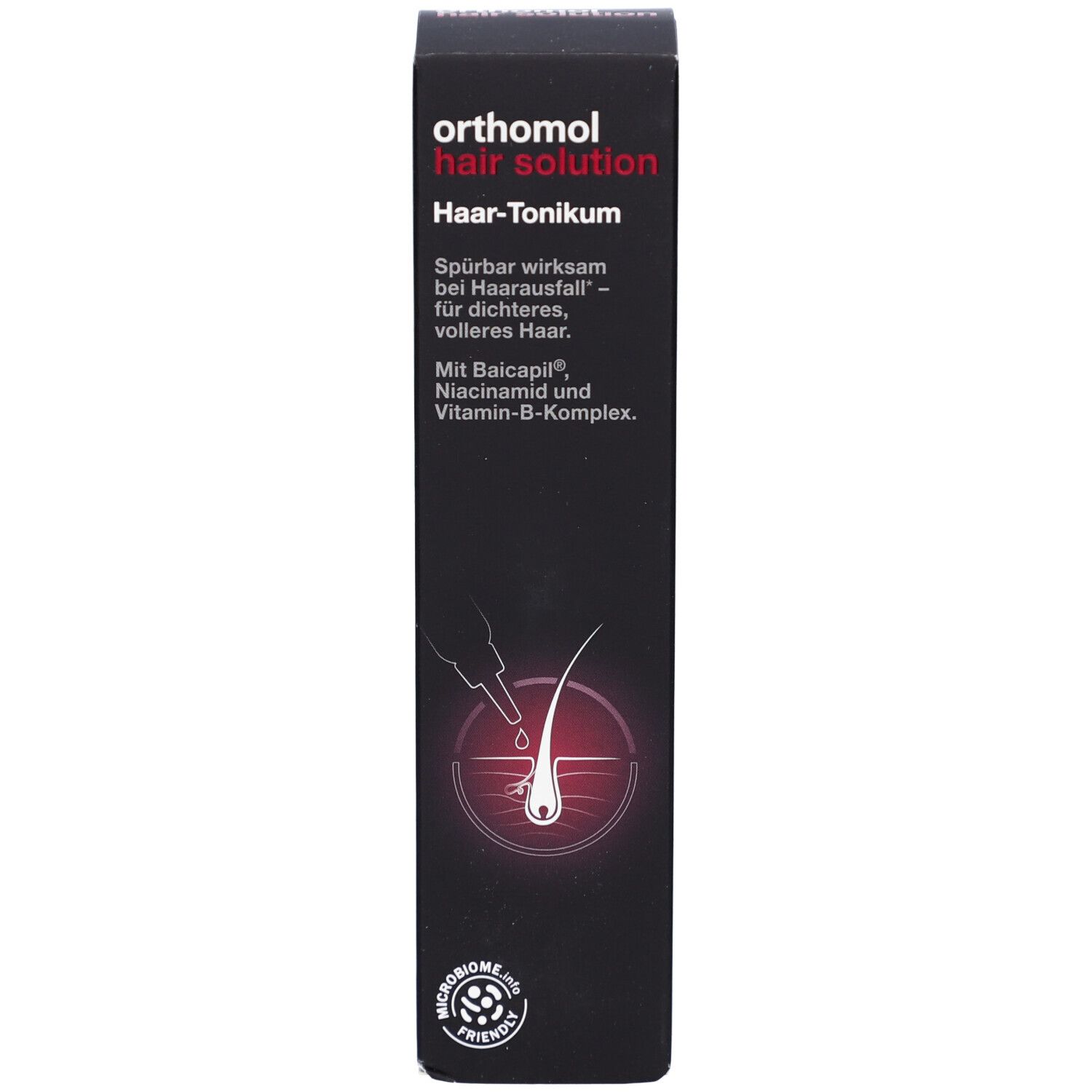 Schwarze Verpackung. Orthomol hair solution Haar-Tonikum. Text und Logo. Mikrobiom-freundlich.