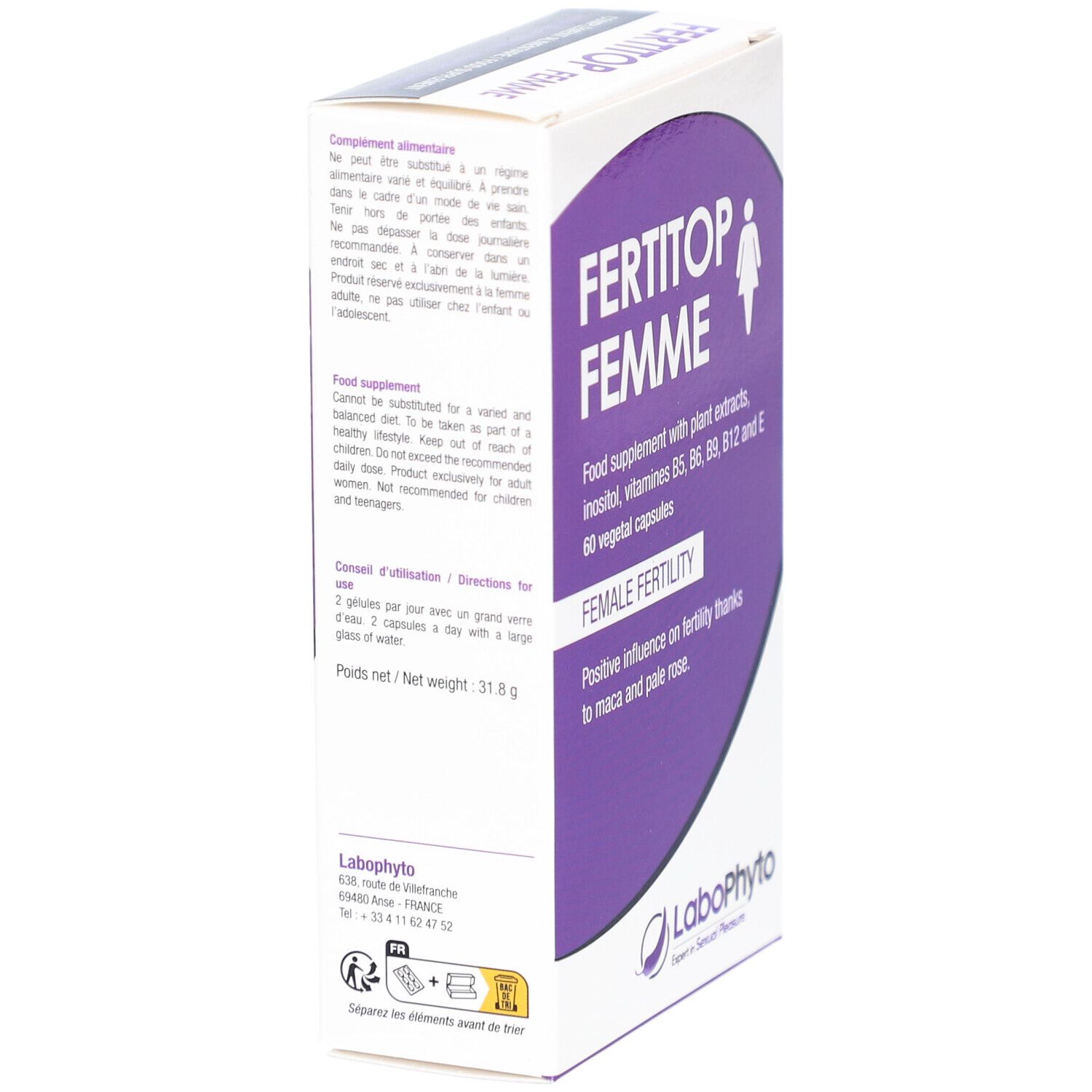 Seitenansicht der FERTITOP FEMME-Schachtel. Text: FEMALE FERTILITY. Marke: LaboPhyto.