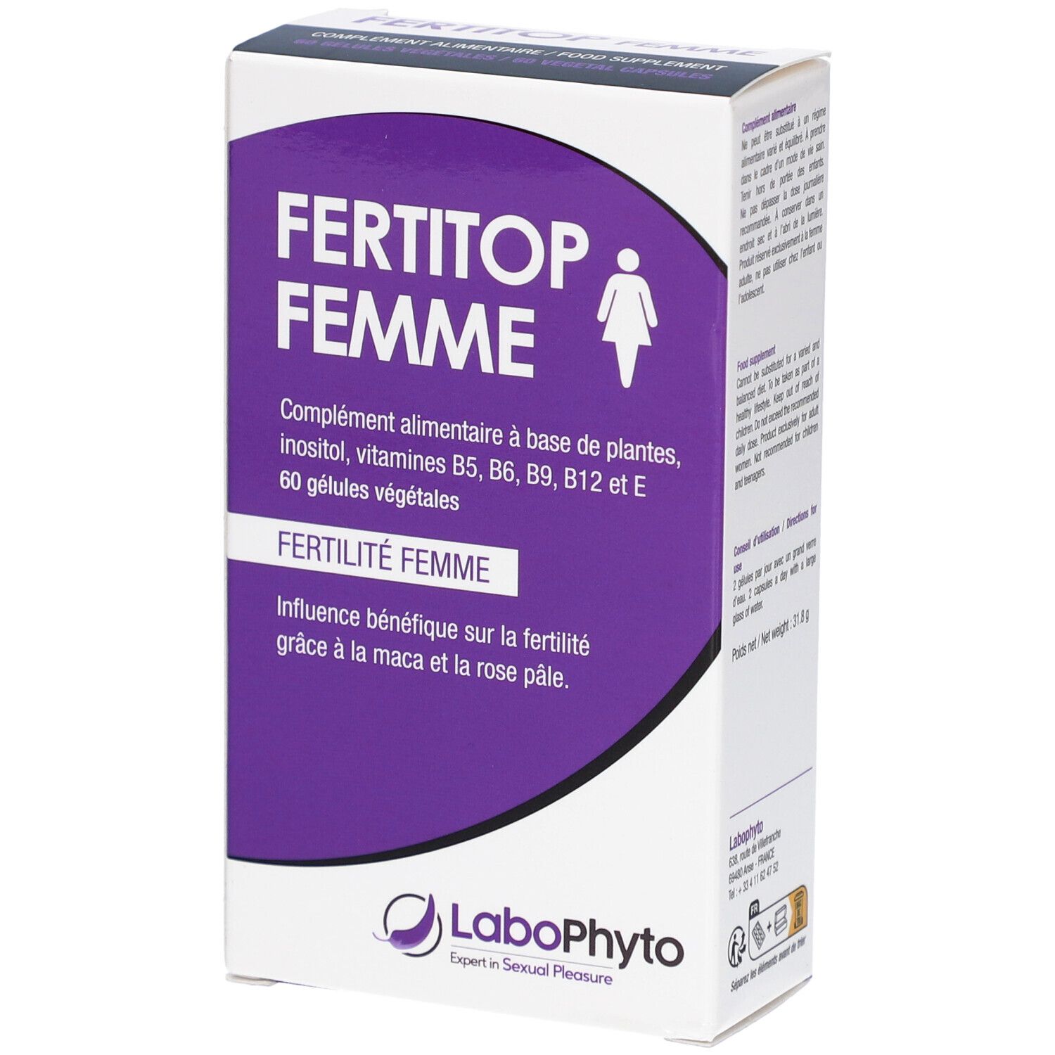 Schachtel mit FERTITOP FEMME. Enthält 60 vegetarische Kapseln. Aufschrift: FEMALE FERTILITY. Marke: LaboPhyto.