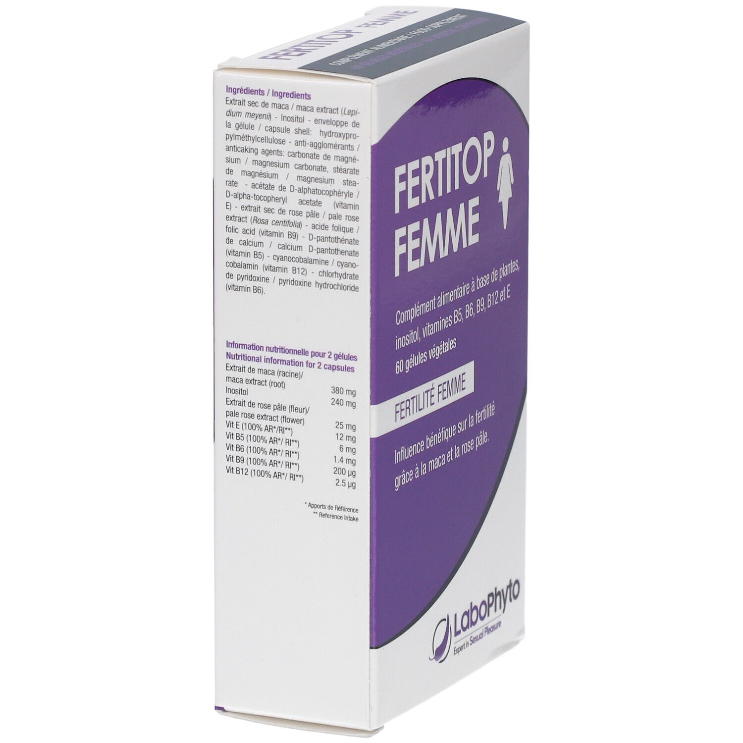 Seitenansicht der FERTITOP FEMME-Schachtel. Inhaltsstoffe und Nährwertangaben. Marke: LaboPhyto.