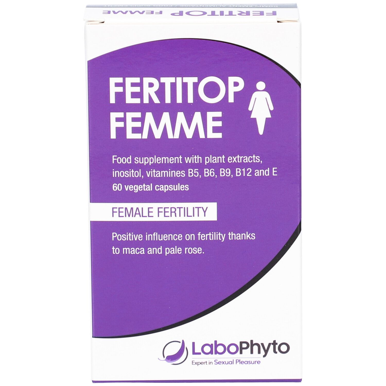 FERTITOP FEMME-Schachtel. Enthält 60 Kapseln. Aufschrift: FEMALE FERTILITY. Marke: LaboPhyto.