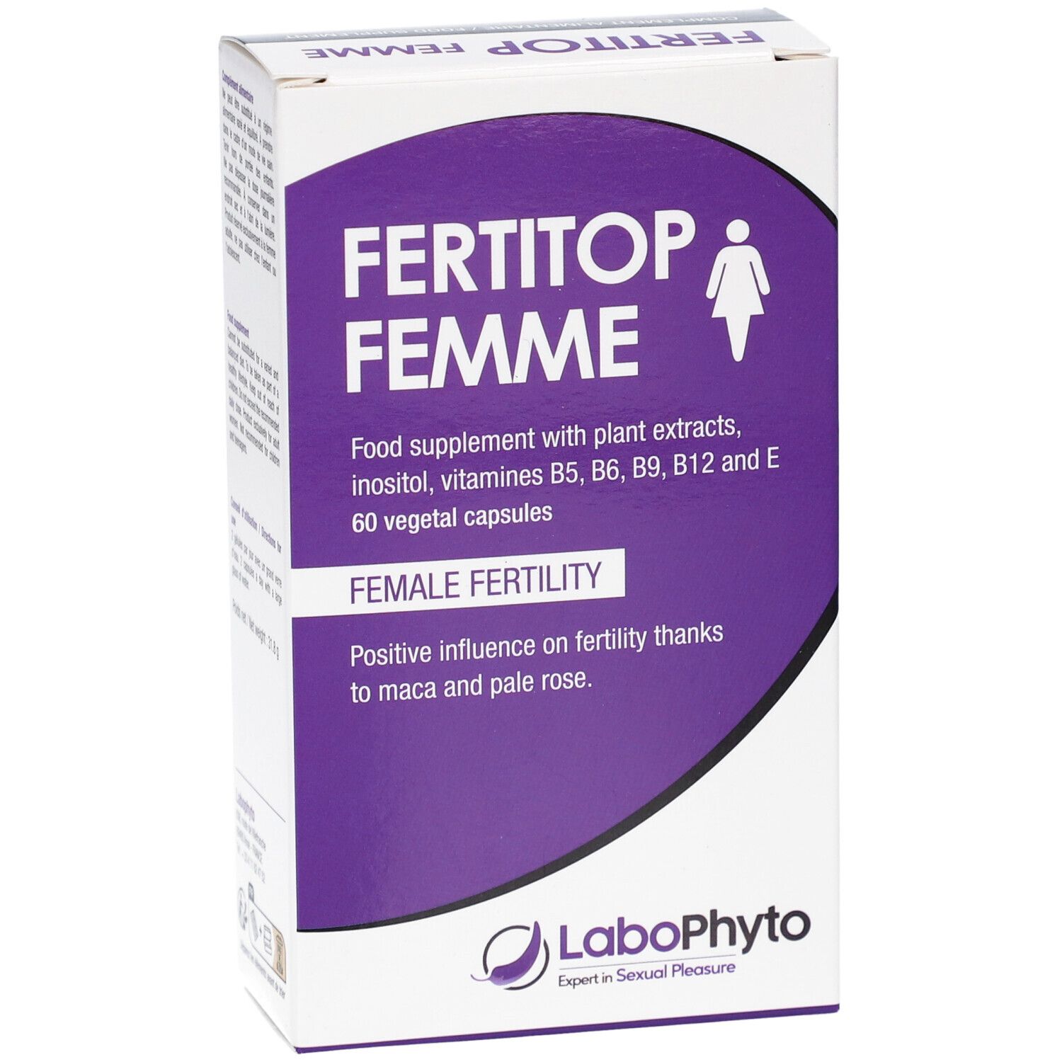 FERTITOP FEMME-Schachtel. Aufschrift: FEMALE FERTILITY. Marke: LaboPhyto.