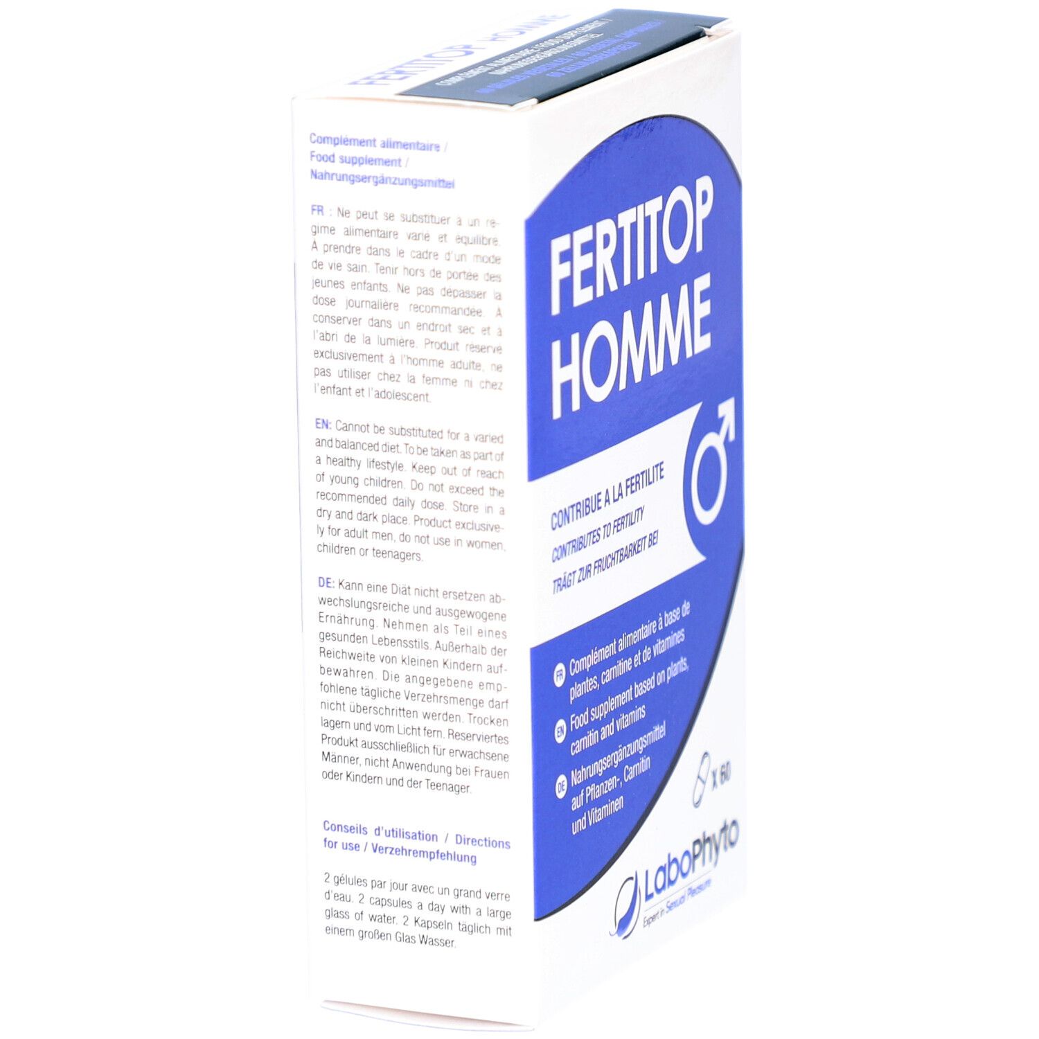 Schachtel FERTITOP HOMME, blaue und weiße Verpackung. Text in mehreren Sprachen. Logo LaboPhyto.