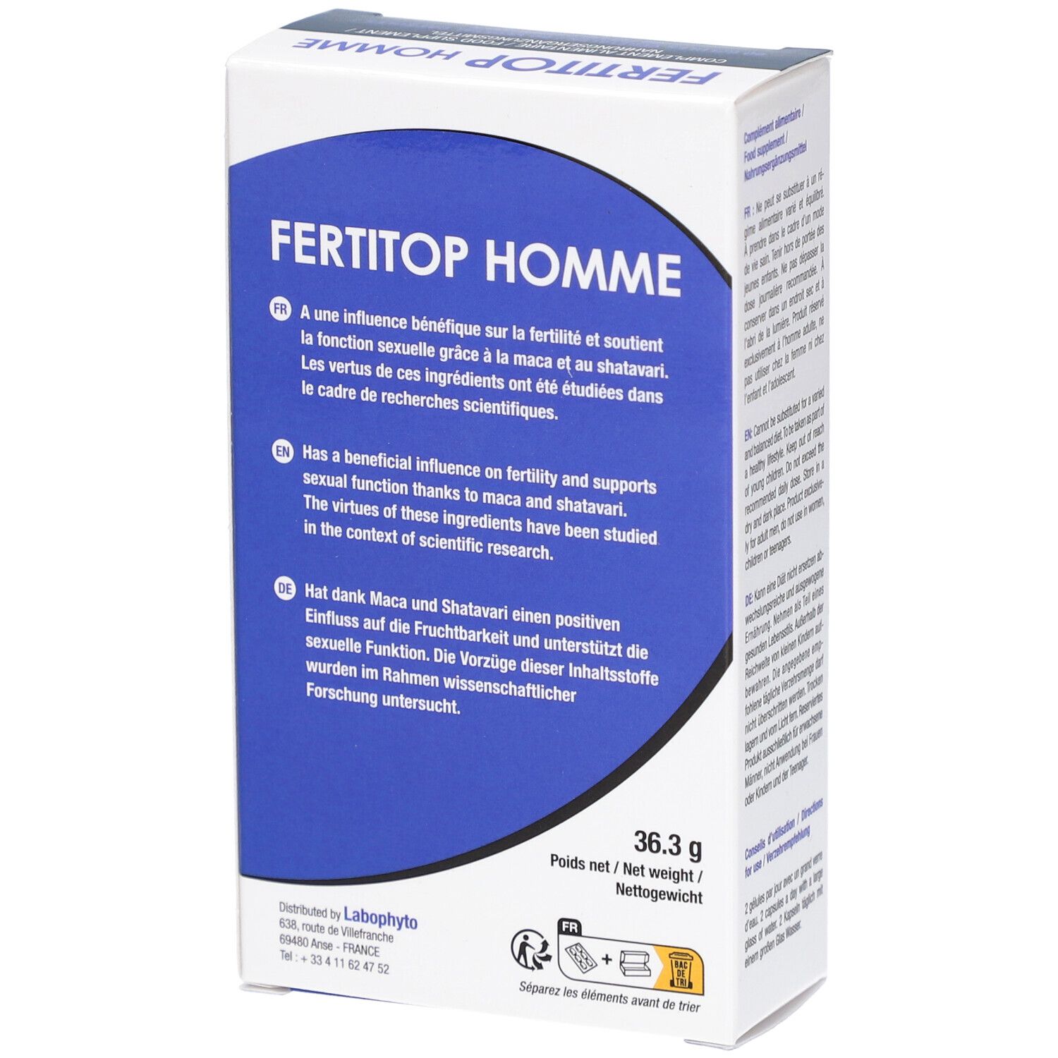 Rückseite der FERTITOP HOMME-Schachtel. Text in mehreren Sprachen. Nettogewicht 36,3 g. Logo LaboPhyto.