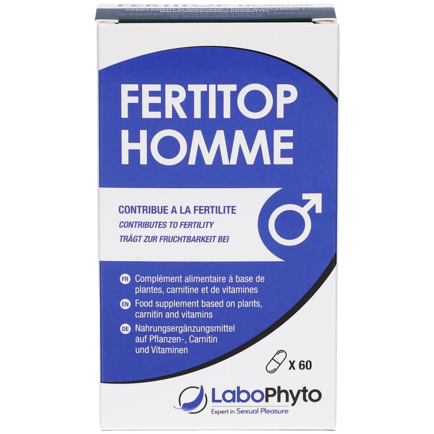 Schachtel mit FERTITOP HOMME. Blaue und weiße Verpackung mit Text und Logo. Enthält 60 Kapseln.