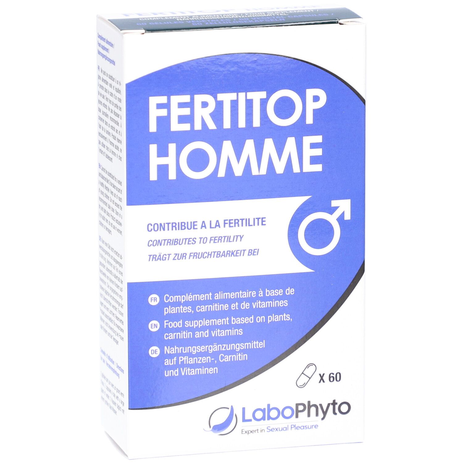 Schachtel mit FERTITOP HOMME. Blaue und weiße Verpackung mit Text und Logo. Enthält 60 Kapseln.
