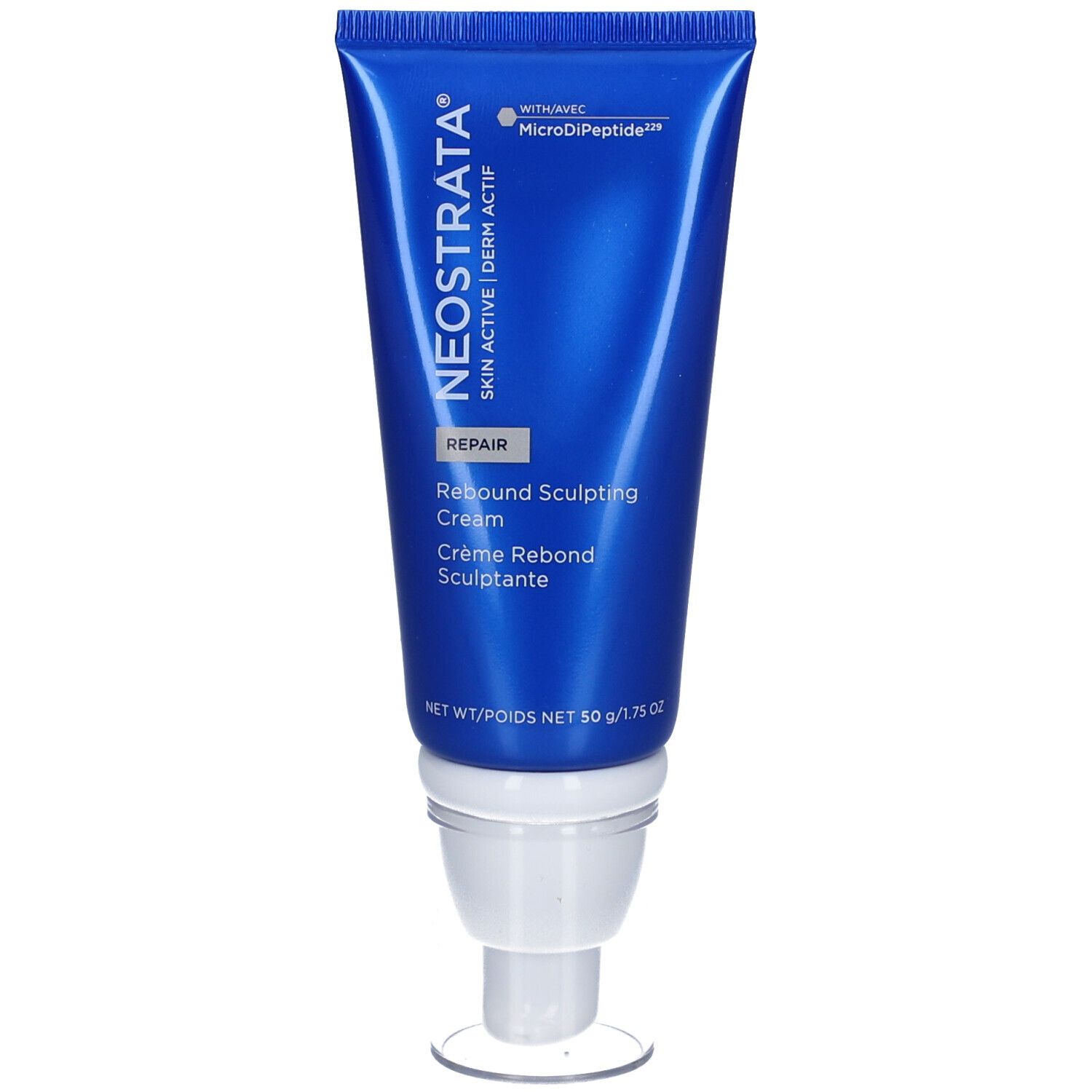 Blau-weiße Tube mit Produkt. Aufschrift: NeoStrata Skin Active Rebound Sculpting Cream. Mit Standfuß.