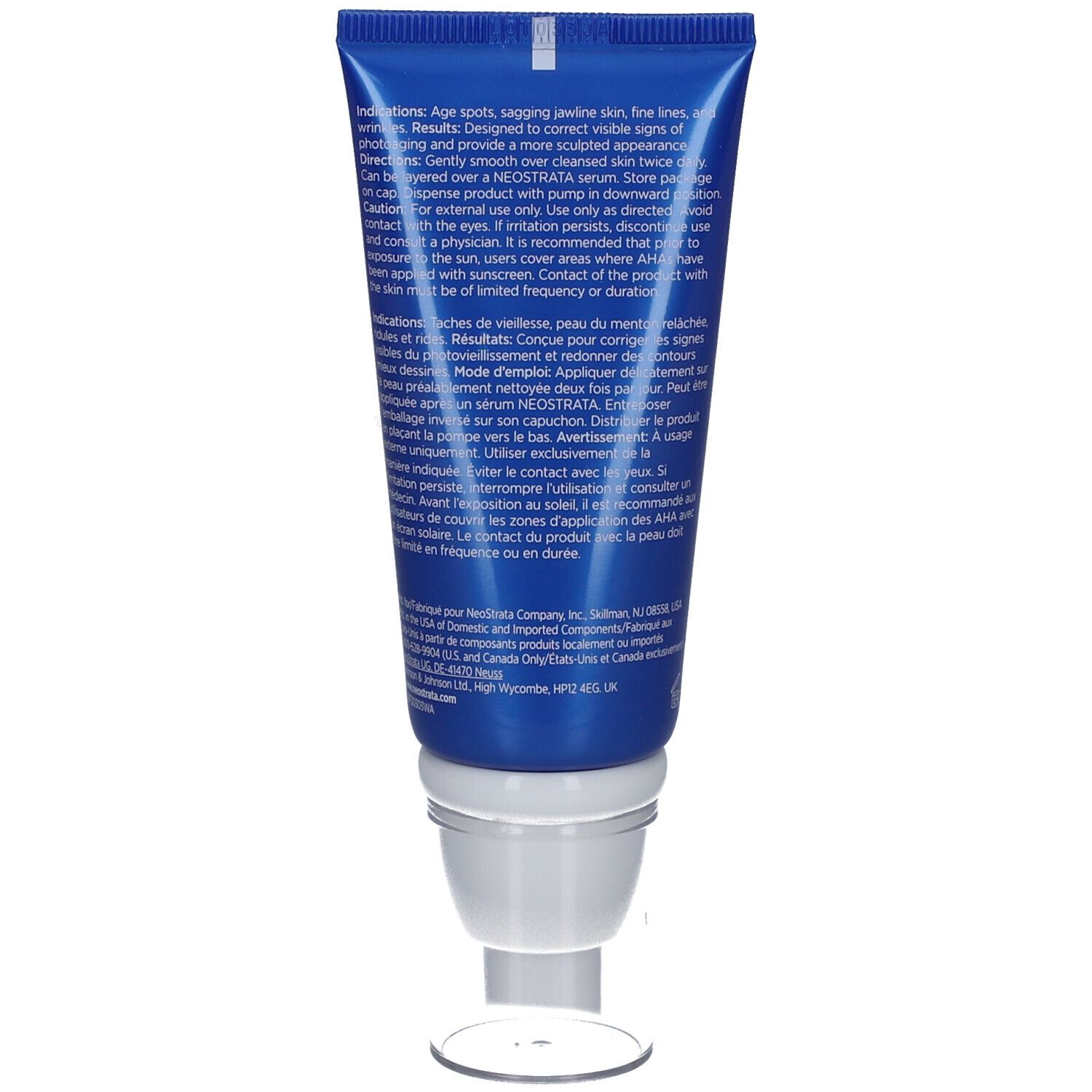 Rückseite der Tube. Text in mehreren Sprachen. Produkt: NeoStrata Skin Active Rebound Sculpting Cream.