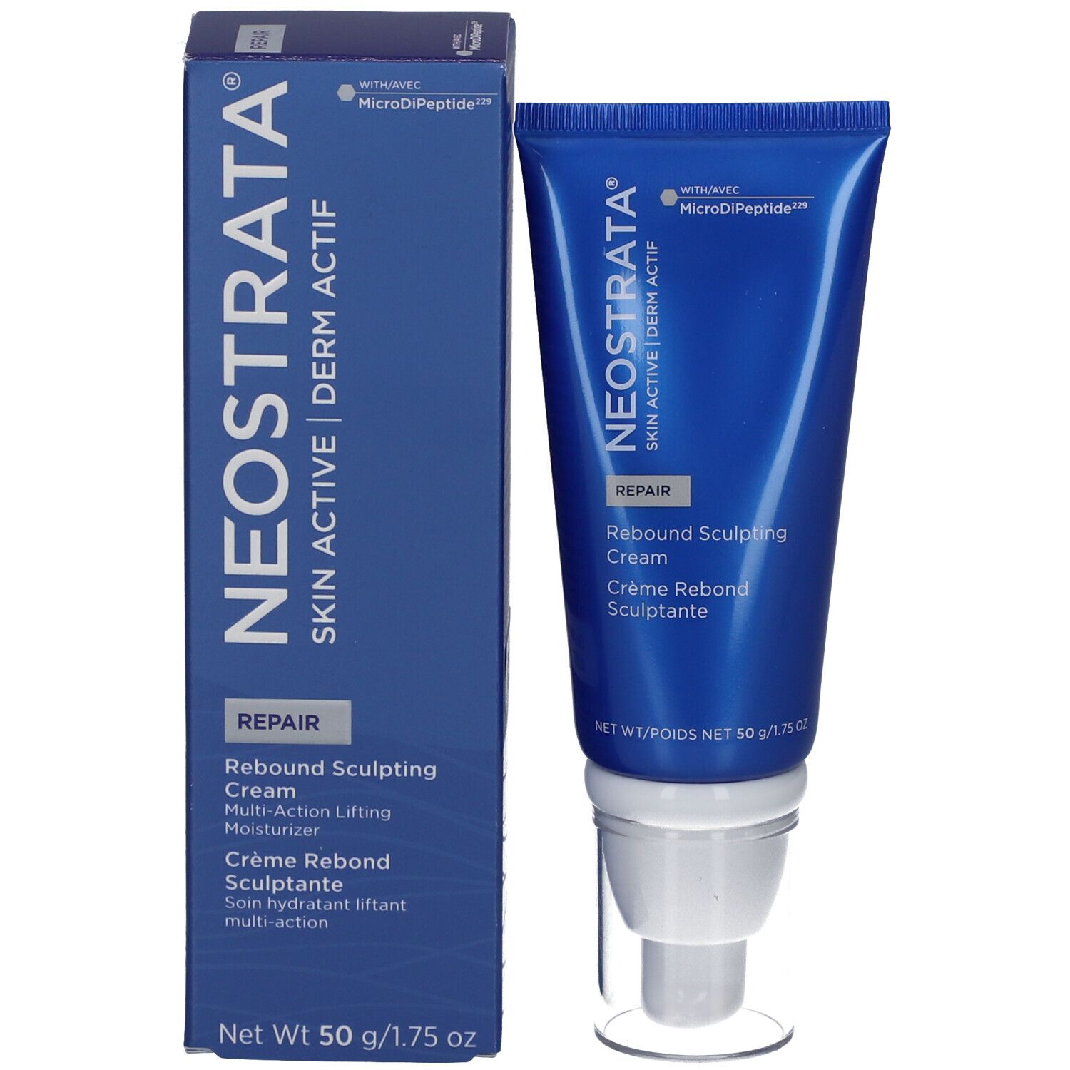 Produkt und Verpackung. NeoStrata Skin Active Rebound Sculpting Cream. Blaue Verpackung und Tube.