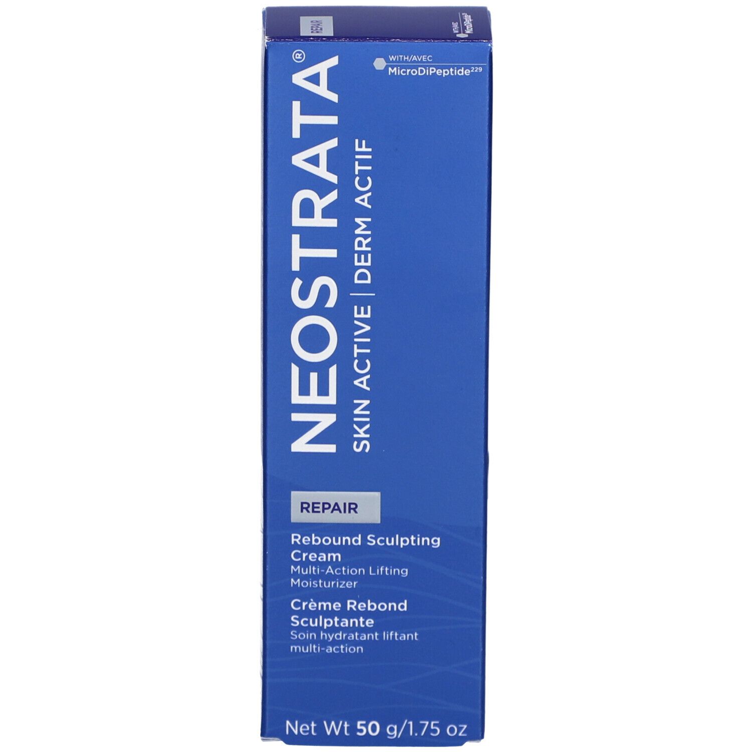 Blaue Verpackung. Aufschrift: NeoStrata Skin Active Rebound Sculpting Cream. Text und Logo.