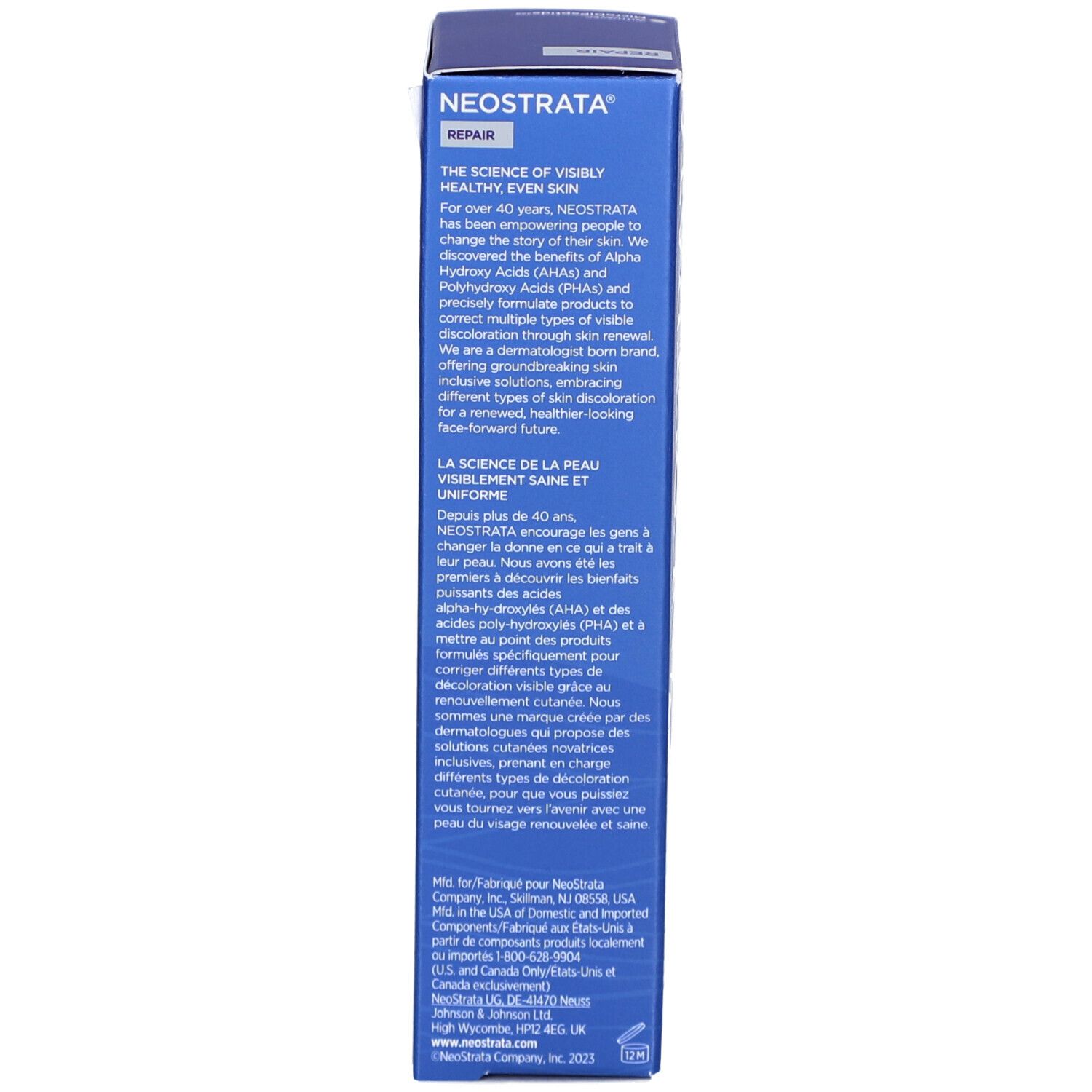 Rückseite der Verpackung. Text in mehreren Sprachen. Produktinformationen. NeoStrata Logo.