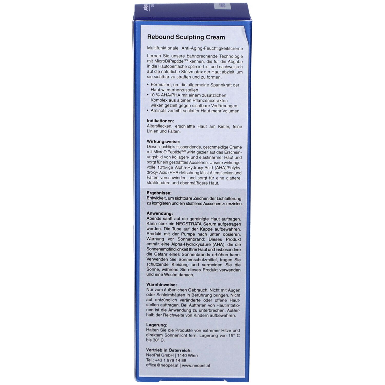 Rückseite der Verpackung. Text in Deutsch. Produktinformationen. NeoStrata Skin Active Rebound Sculpting Cream.