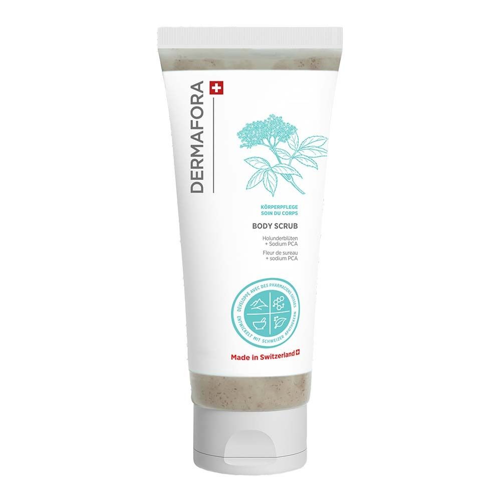 Weiße Tube mit Körperpeeling. Schweizer Kreuz und Produktname. Pflanzenabbildung und Text. Made in Switzerland.