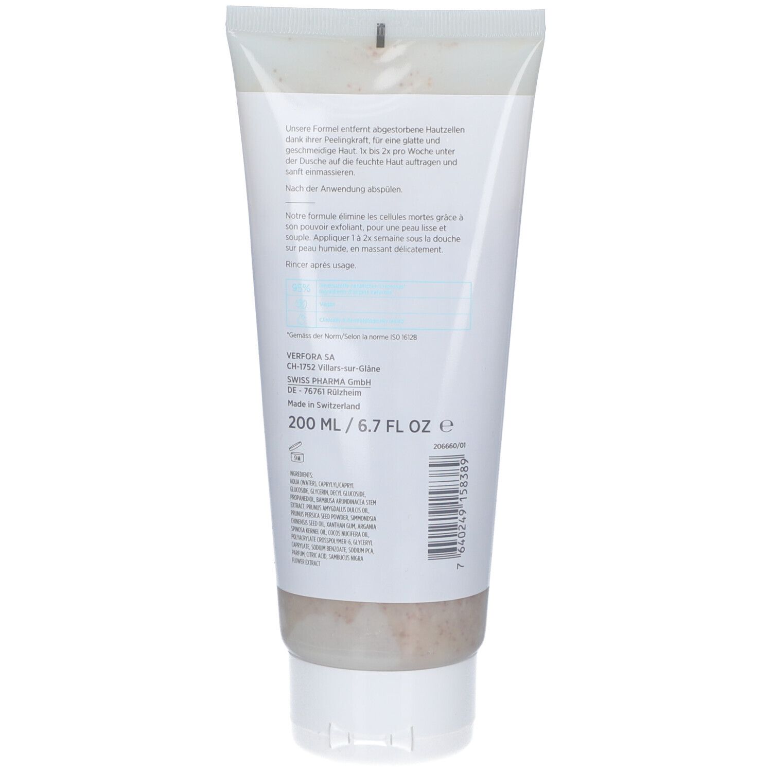Rückseite der Körperpeeling-Tube. Text in Deutsch und Französisch. Volumenangabe.