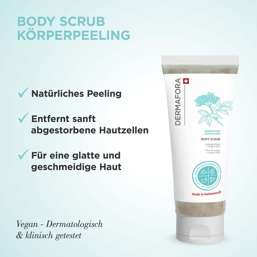 Produkt-Tube mit Text und Pflanzenzeichnung. Natürliches Peeling. Entfernt sanft Hautzellen. Für glatte Haut. Vegan.