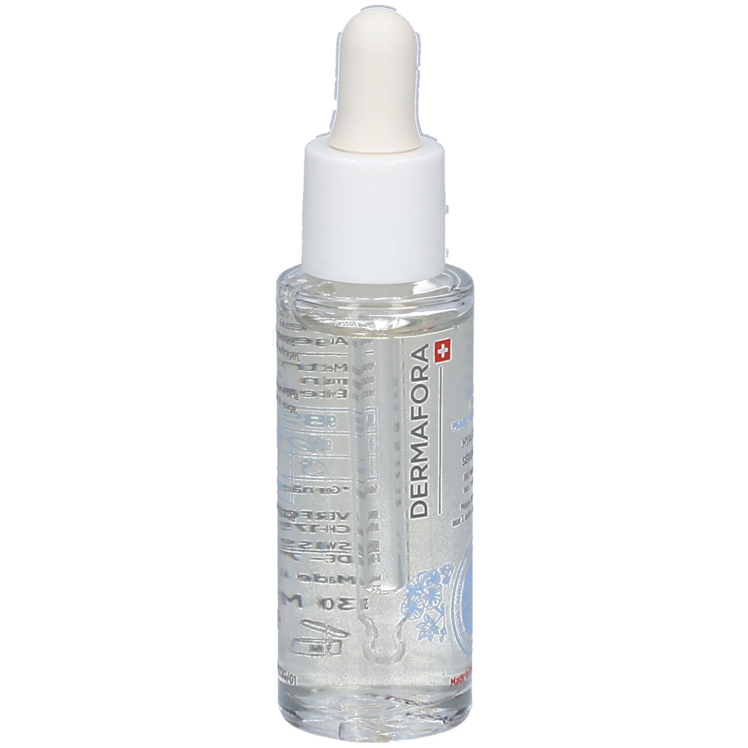 Serumflasche mit Pipette. Transparentes Serum, weißer Deckel, Produktname und Logo sichtbar.