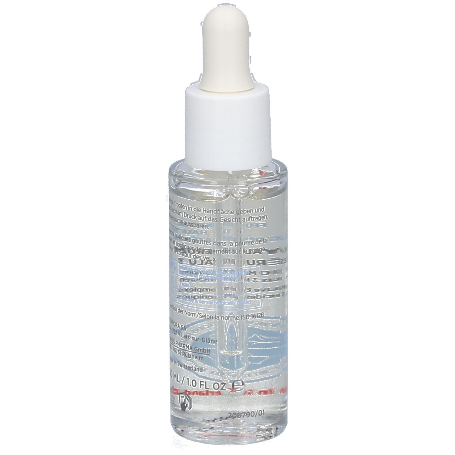 Serumflasche mit Pipette. Transparentes Serum, weißer Deckel, Produktname und Logo sichtbar.