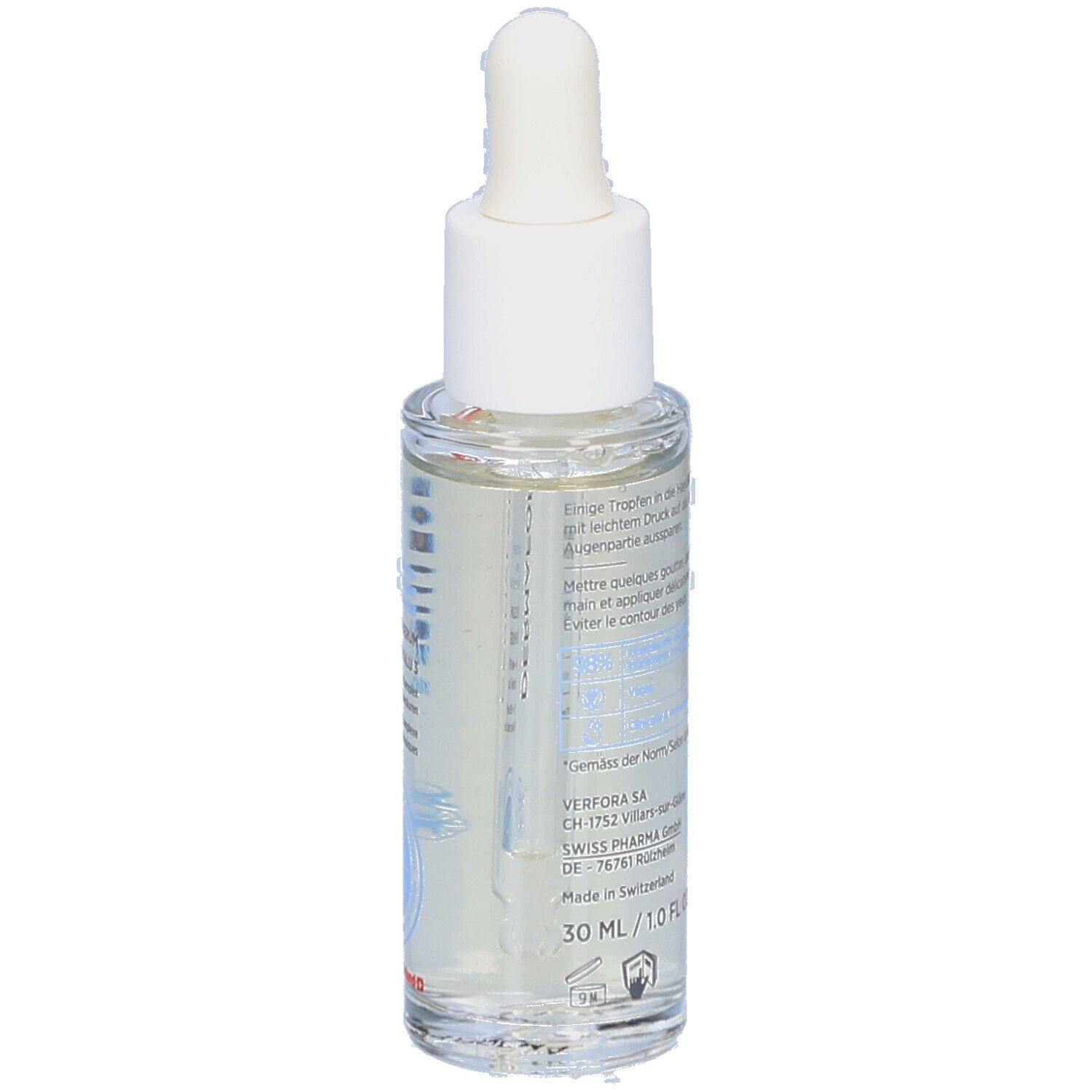 Serumflasche mit Pipette. Transparentes Serum, weißer Deckel, Produktname und Logo sichtbar.