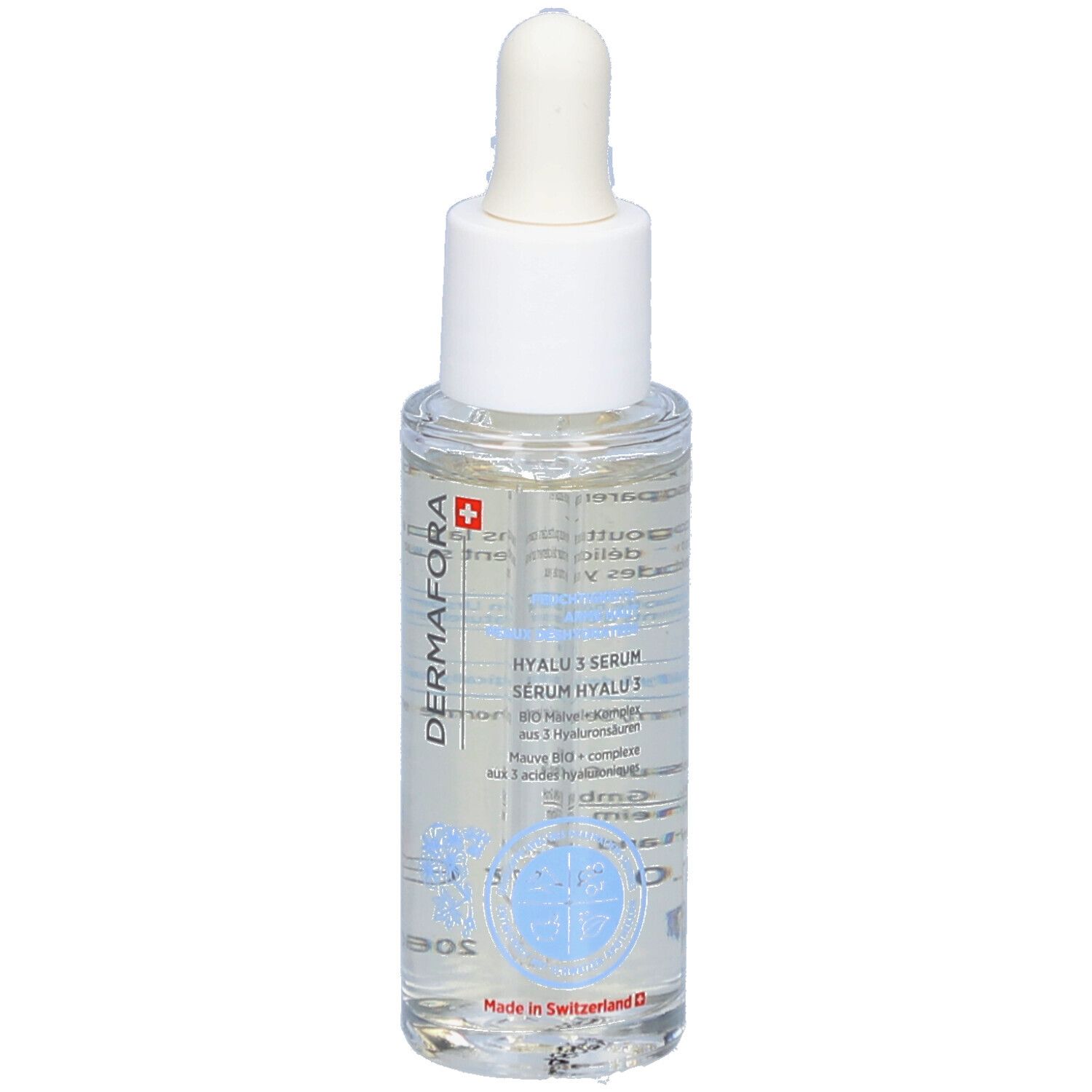 Serumflasche mit Pipette. Transparentes Serum, weißer Deckel, Produktname und Logo sichtbar.