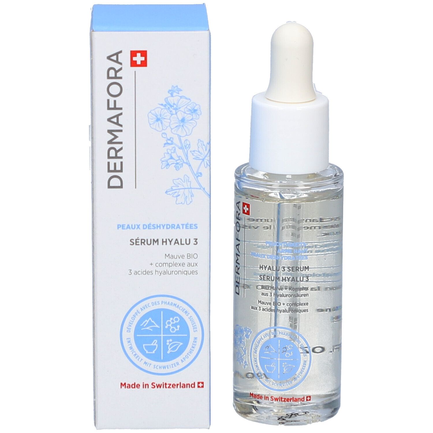 Serumflasche und Verpackung. Flasche mit Pipette, Verpackung mit Produktnamen und Logo.