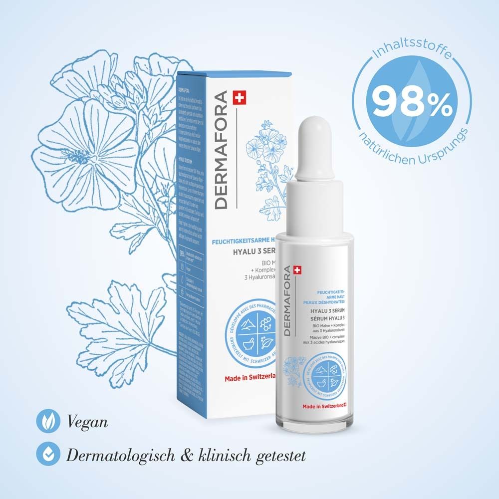 Serumflasche und Verpackung. Verpackung mit Text: DERMAFORA, Hyalu 3 Serum. Vegan und dermatologisch getestet.