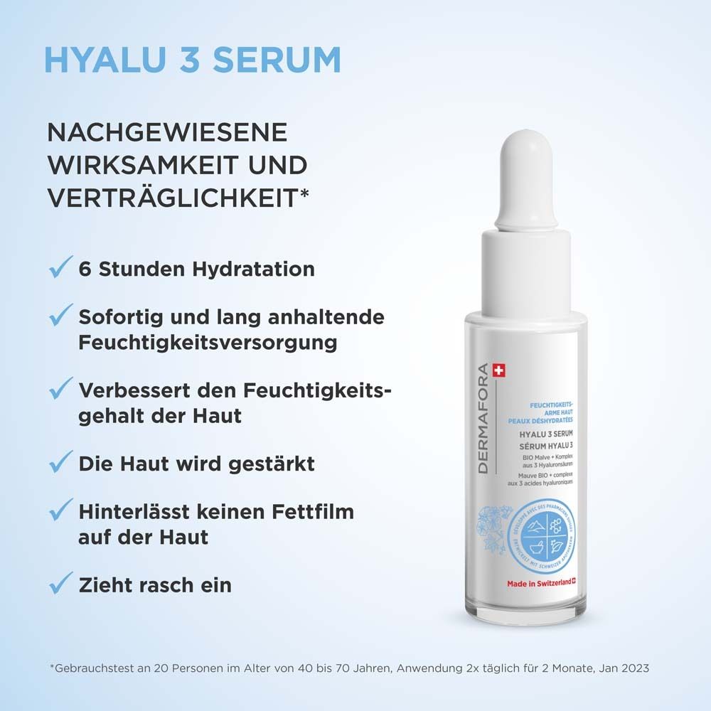 Text: Hyalu 3 Serum. 6 Stunden Hydratation, sofortige Feuchtigkeitsversorgung, verbessert den Feuchtigkeitsgehalt.