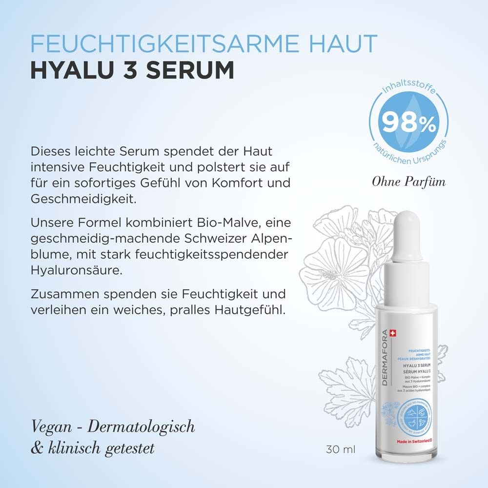Serumflasche und Text. Text: Hyalu 3 Serum, spendet intensive Feuchtigkeit. Vegan und dermatologisch getestet.