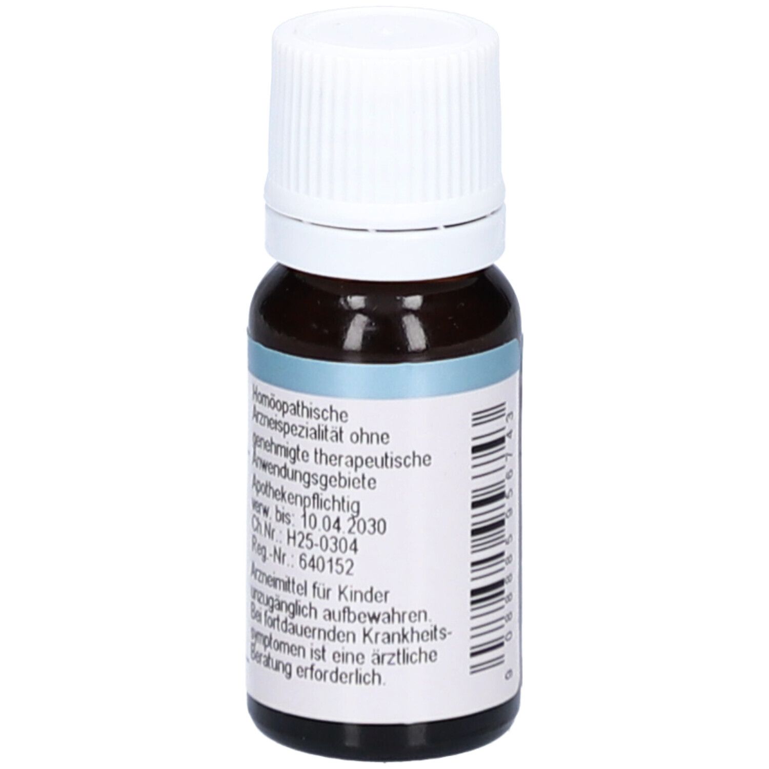 Braune Glasflasche mit weißem Verschluss. Etikett mit homöopathischen Informationen und Barcode.