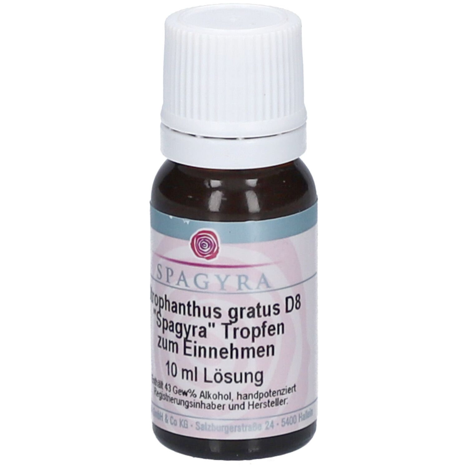 Braune Glasflasche mit weißem Verschluss. Etikett mit Produktnamen, D8 und 10 ml Lösung.