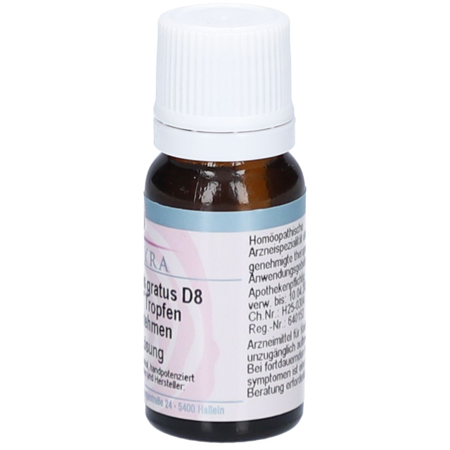 Braune Glasflasche mit weißem Verschluss. Etikett mit Produktnamen, D8 und homöopathischen Informationen.