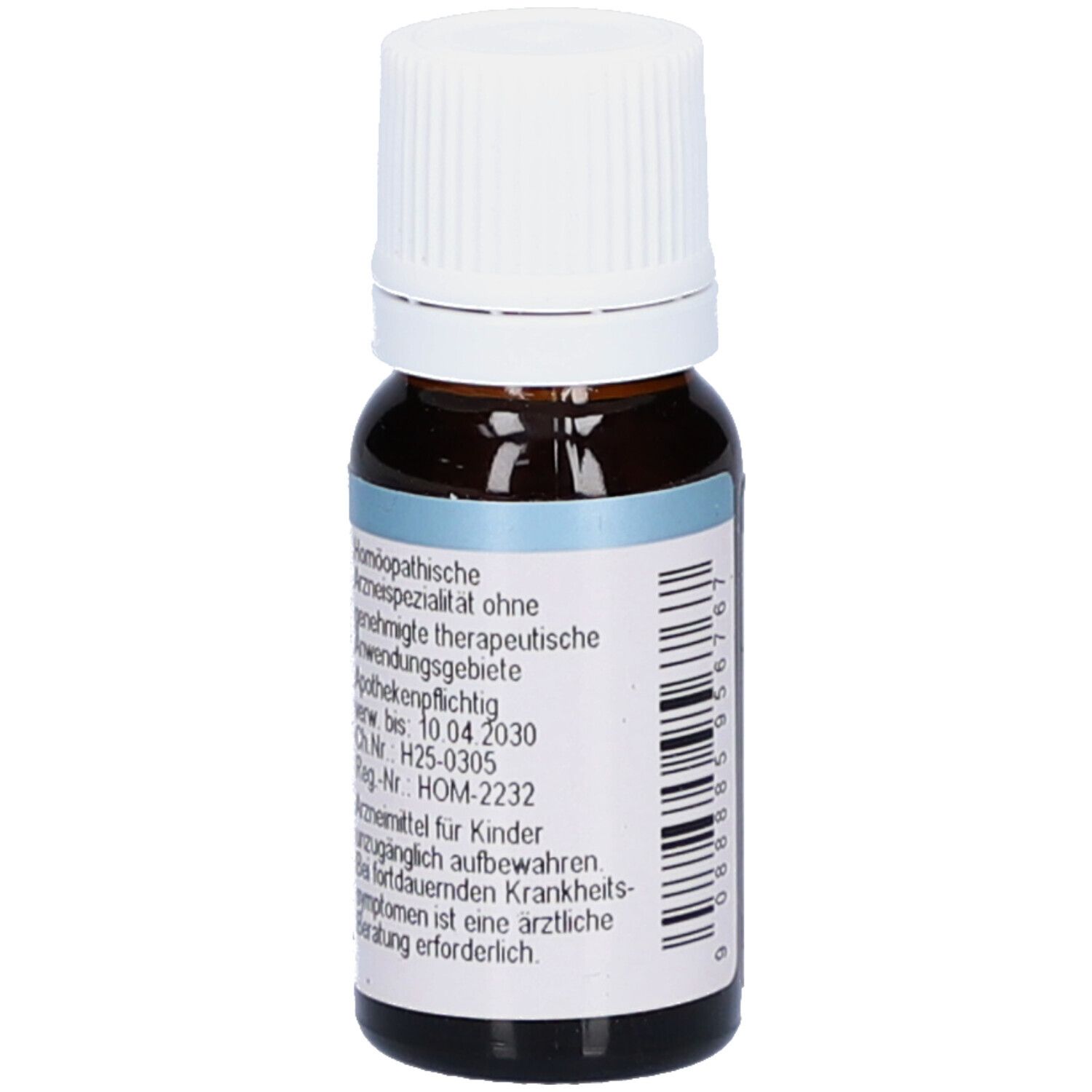 Braune Glasflasche mit weißem Deckel. Etikett mit Text: Homöopathisches Arzneimittel, Verfallsdatum, Reg.-Nr. HOM-2232.
