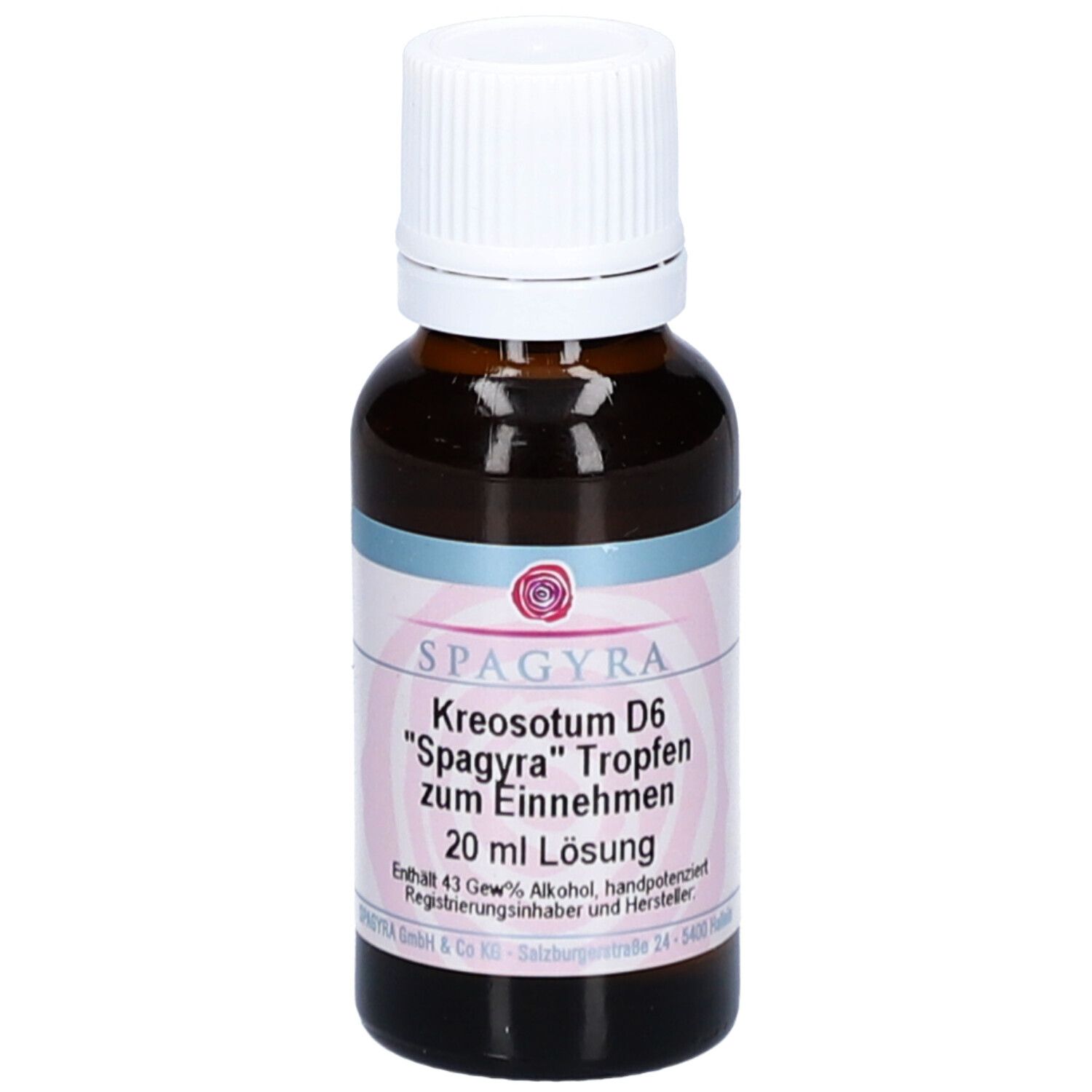 Braune Glasflasche mit weißem Deckel. Etikett mit Produktnamen und Hersteller. 20 ml Lösung.