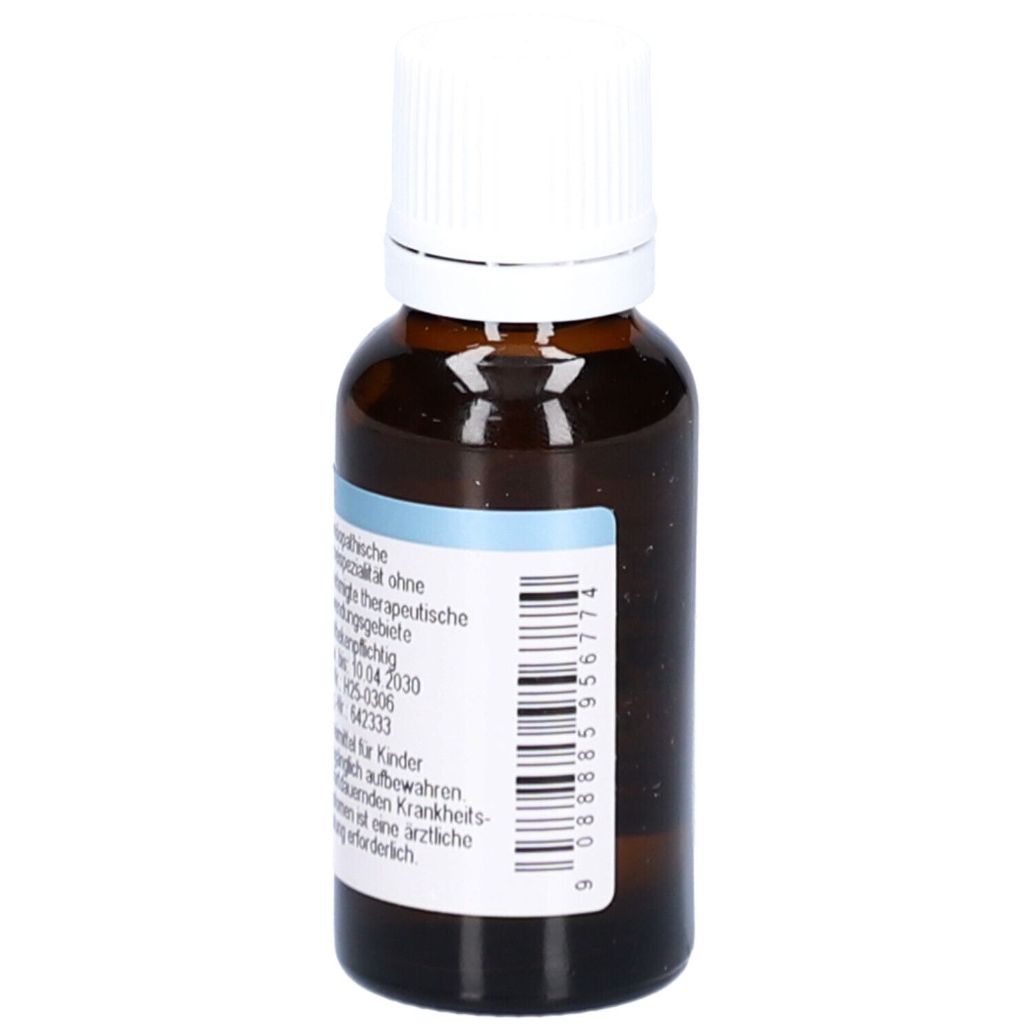Braune Glasflasche mit weißem Deckel. Etikett mit Produktinformationen und Barcode.