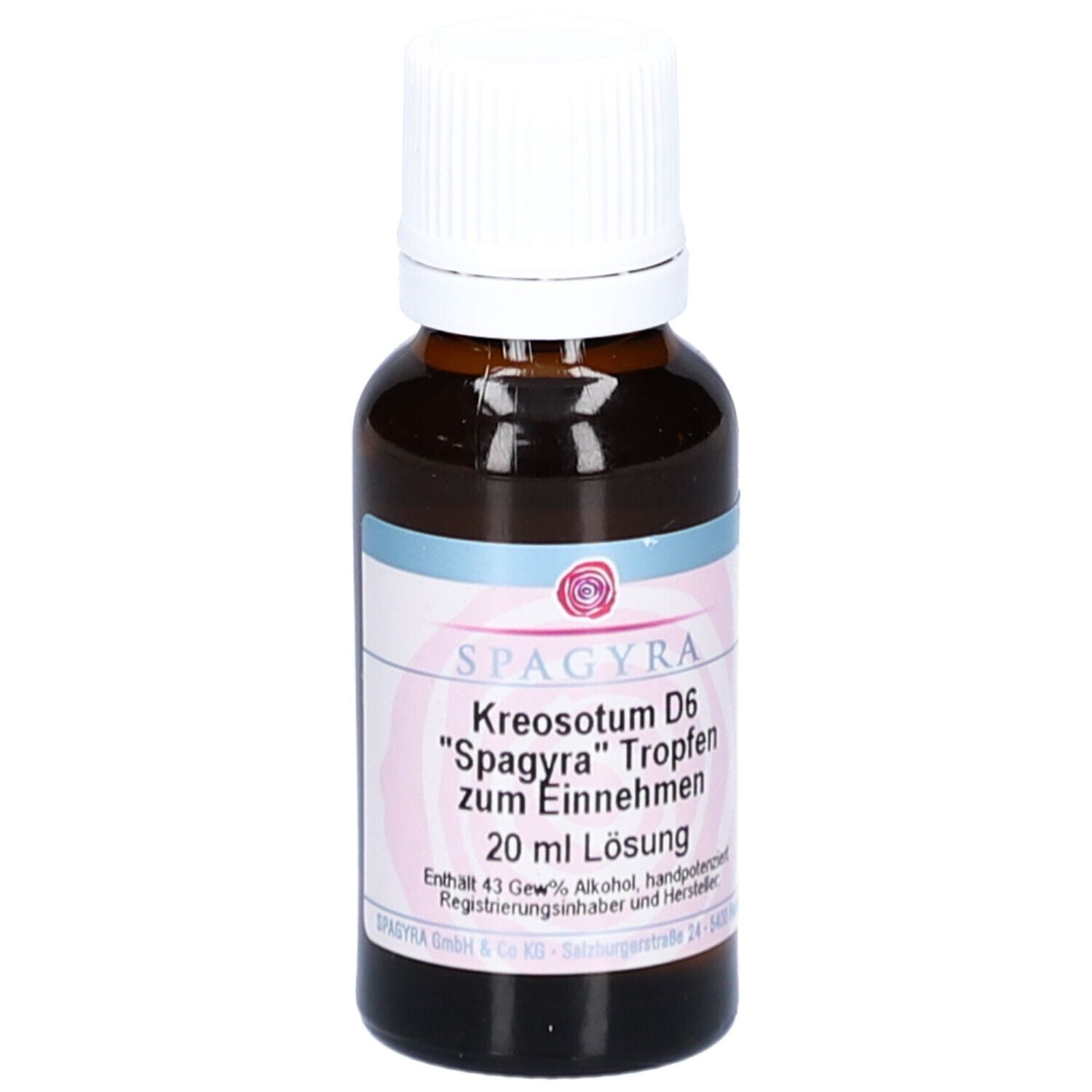 Braune Glasflasche mit weißem Deckel. Etikett mit Produktnamen und Hersteller. 20 ml Lösung.