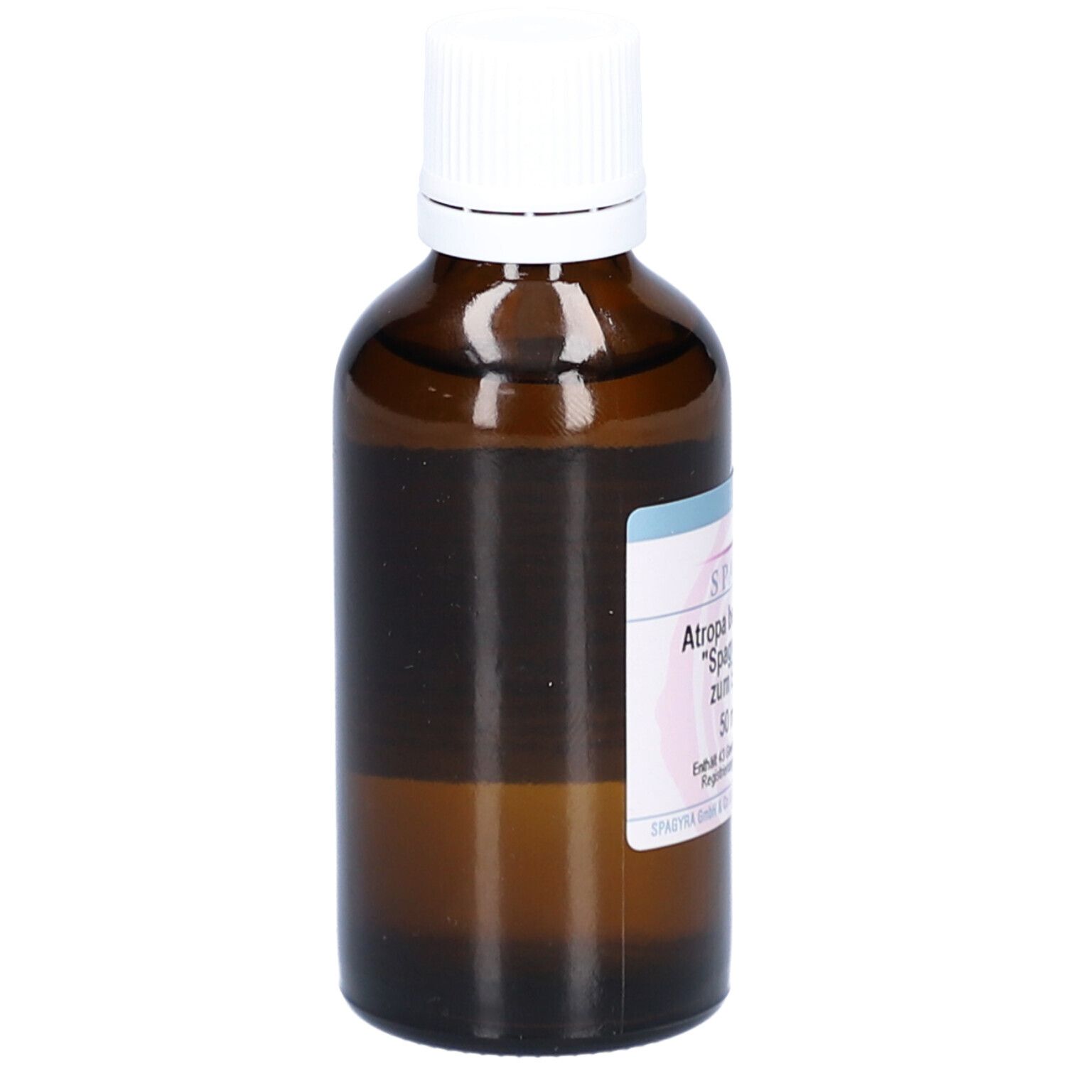Braune Glasflasche mit weißem Deckel. Etikett mit Produktinformationen. Rückansicht.