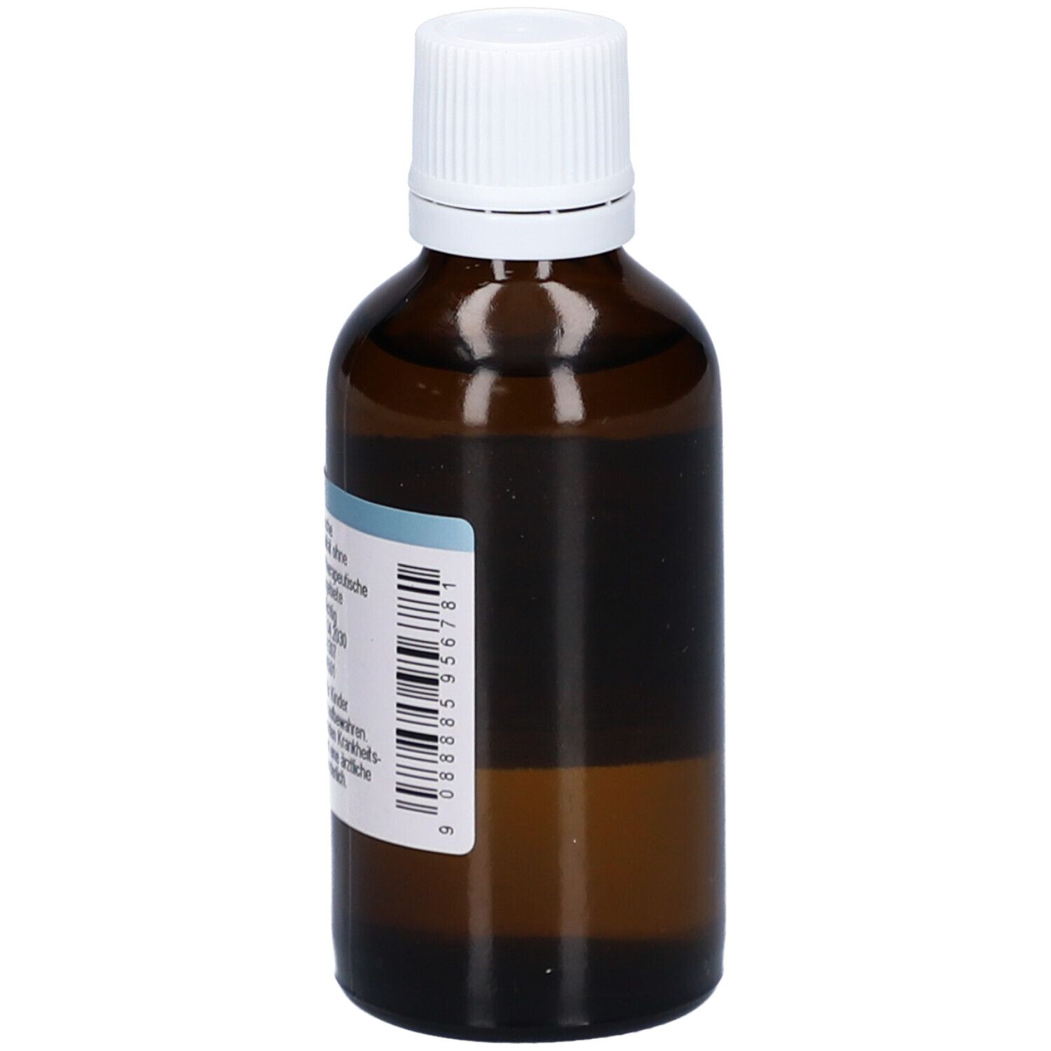 Braune Glasflasche mit weißem Deckel. Etikett mit Barcode und Produktinformationen.