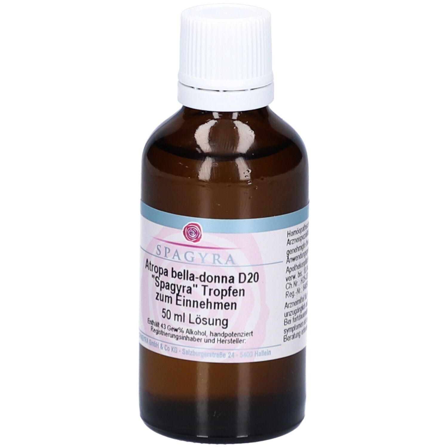 Braune Glasflasche mit weißem Deckel. Etikett mit Produktnamen und Marke Spagyra. 50 ml Lösung.