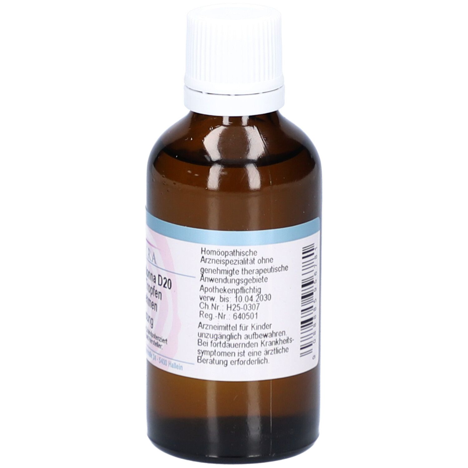 Braune Glasflasche mit weißem Deckel. Etikett mit Produktinformationen und Herstellerangaben.