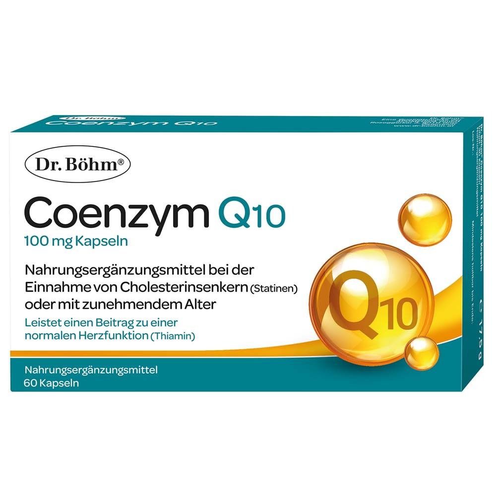 Schachtel Dr. Böhm Coenzym Q10. 100 mg Kapseln. Nahrungsergänzungsmittel. 60 Kapseln. Abbildung von Q10-Molekülen.