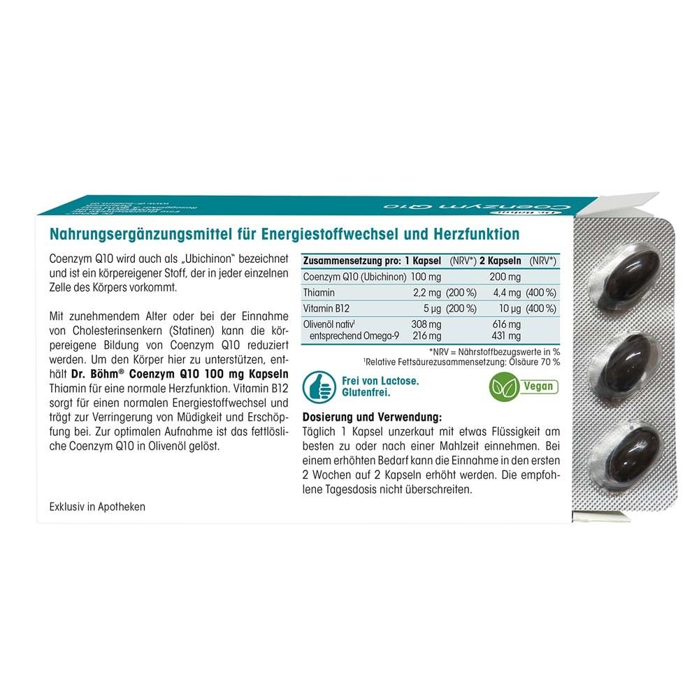Rückseite der Dr. Böhm Coenzym Q10-Verpackung. Enthält Informationen zu Inhaltsstoffen und Dosierung. Vegan-Siegel.