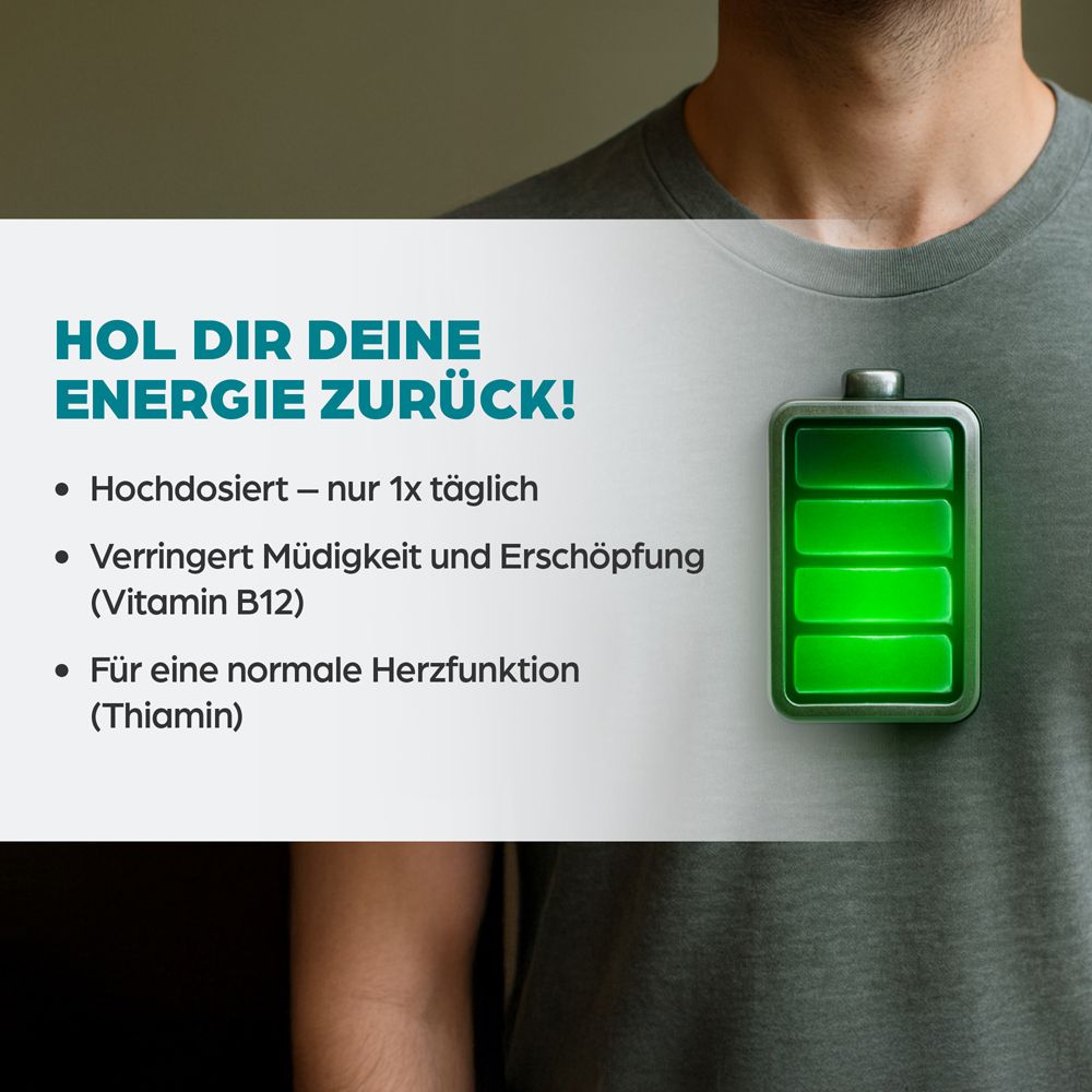 Mann mit Text: HOL DIR DEINE ENERGIE ZURÜCK! Batterie-Symbol. Text: Hochdosiert, Müdigkeit, Herzfunktion.